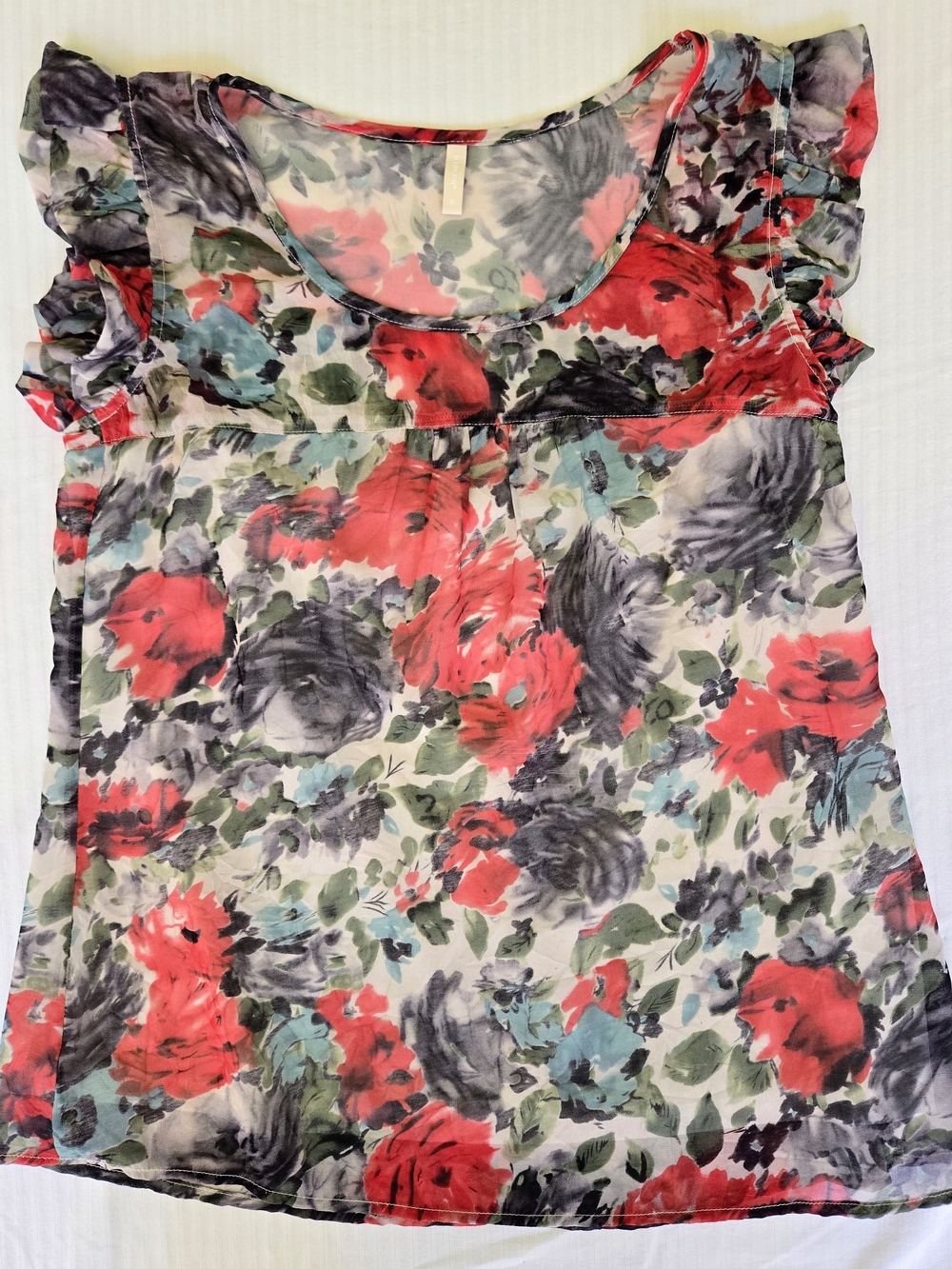 b.young Floral Ruffle Sleeve Lined Blouse with Side Zip - Size 34 (XS)